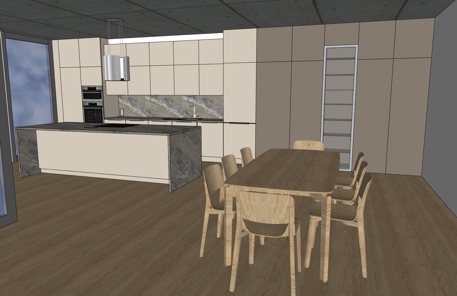 3D vizualizace kuchyně s jídelnou a kuchyňským ostrovem